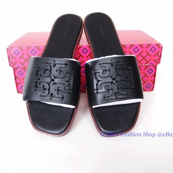 ❤️ NIB Tory Burch Ines Logo Slide Leather Sandal BLACK US 6.5 7.5 8.5 9 9.5 10 - Picture 6 of 14
